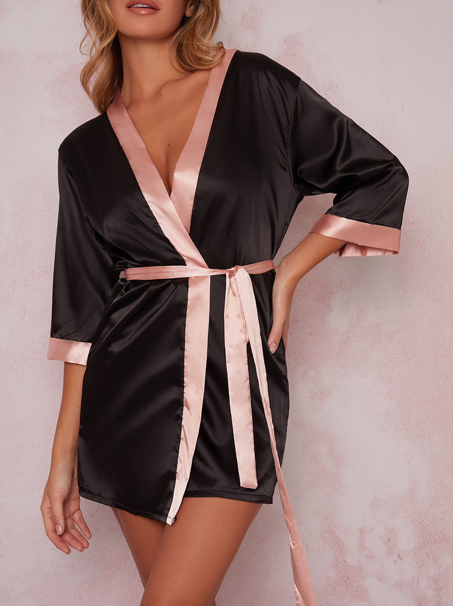 Satin Contrast Hem Robe in Black