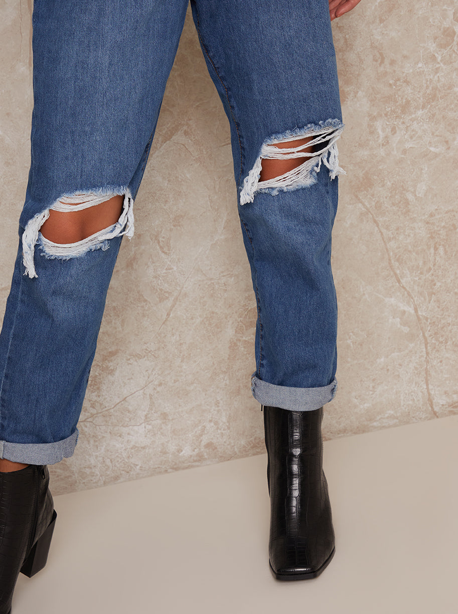 Ripped High Rise Mom Jeans in Blue