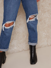 Ripped High Rise Mom Jeans in Blue