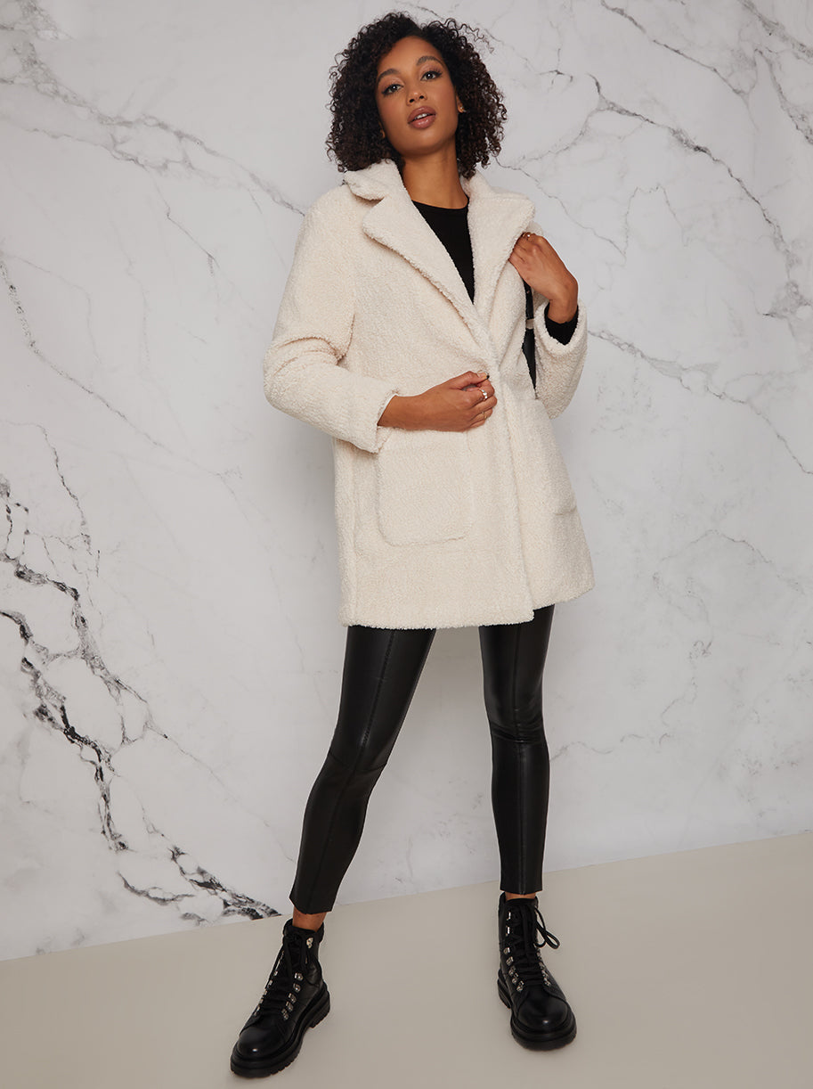 Mid Length Teddy Coat in Beige