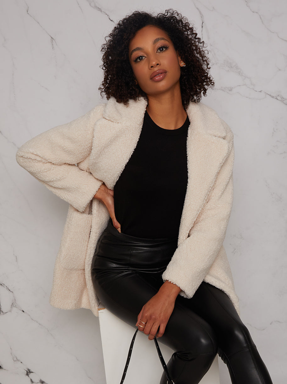 Mid Length Teddy Coat in Beige