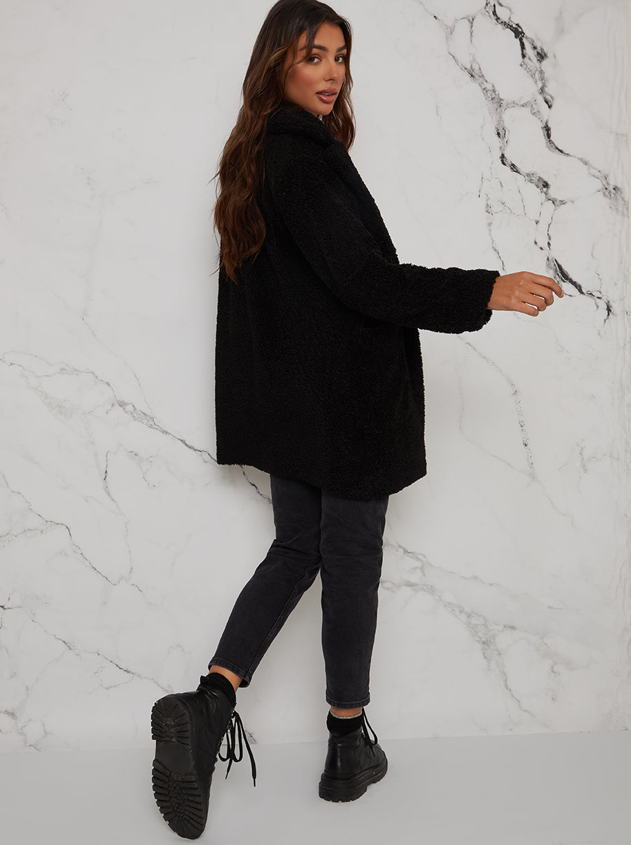 Mid Length Teddy Coat in Black