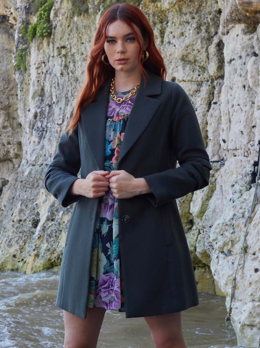 Ruched Sleeve Button Up Coat in Khaki