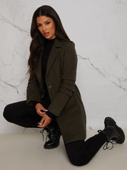Ruched Sleeve Button Up Coat in Khaki