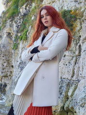 Button Up Waist Panel Coat in Cream with Fur collar