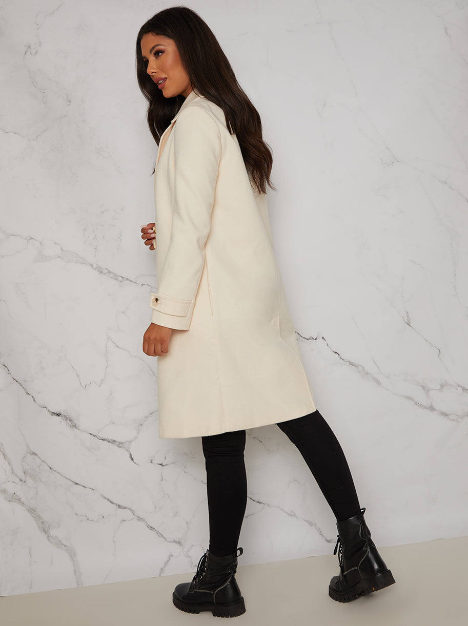 Button Up Waist Panel Coat in Cream with Fur collar