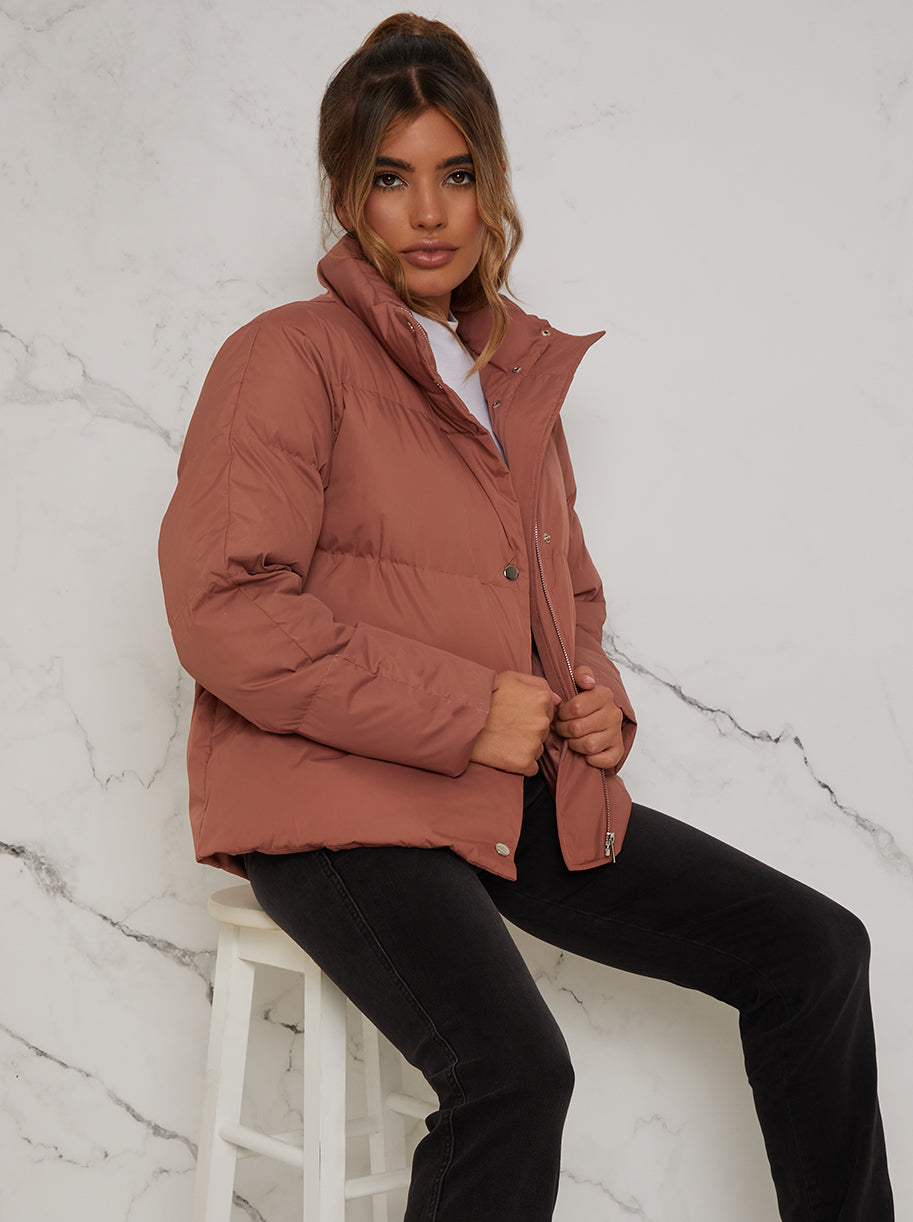 Cropped Padded Puffer Coat in Rust