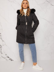 Quilted Puffer Coat with Faux Fur Hood in Black
