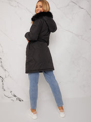 Quilted Puffer Coat with Faux Fur Hood in Black