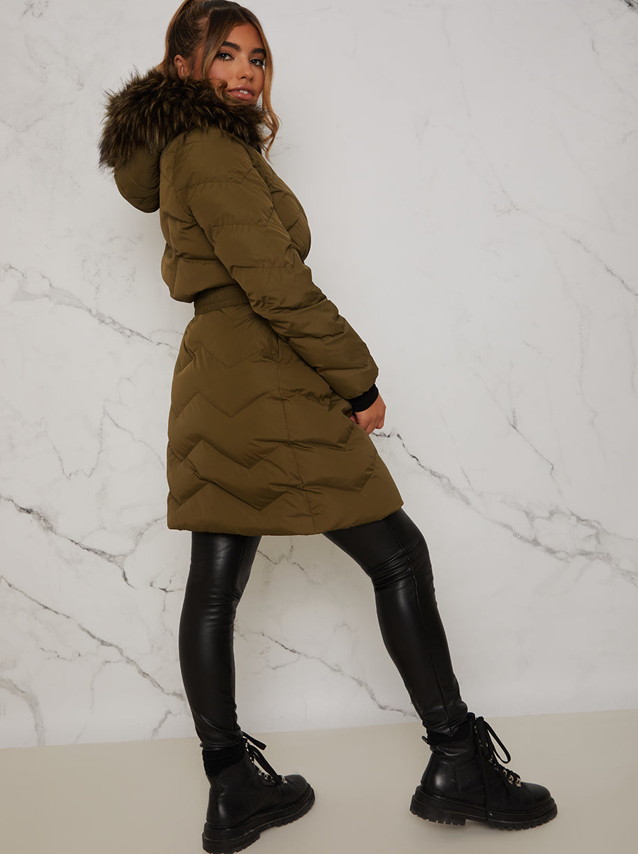 Quilted Puffer Coat with Faux Fur Hood in Khaki