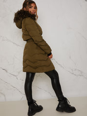 Quilted Puffer Coat with Faux Fur Hood in Khaki