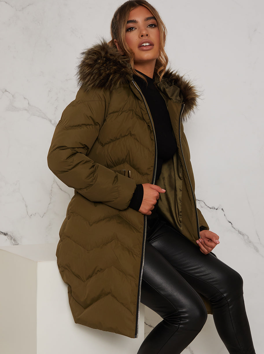 Quilted Puffer Coat with Faux Fur Hood in Khaki
