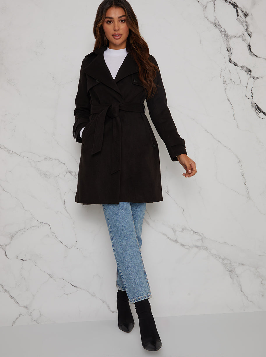 Double Breasted Coat with Waist Tie in Black
