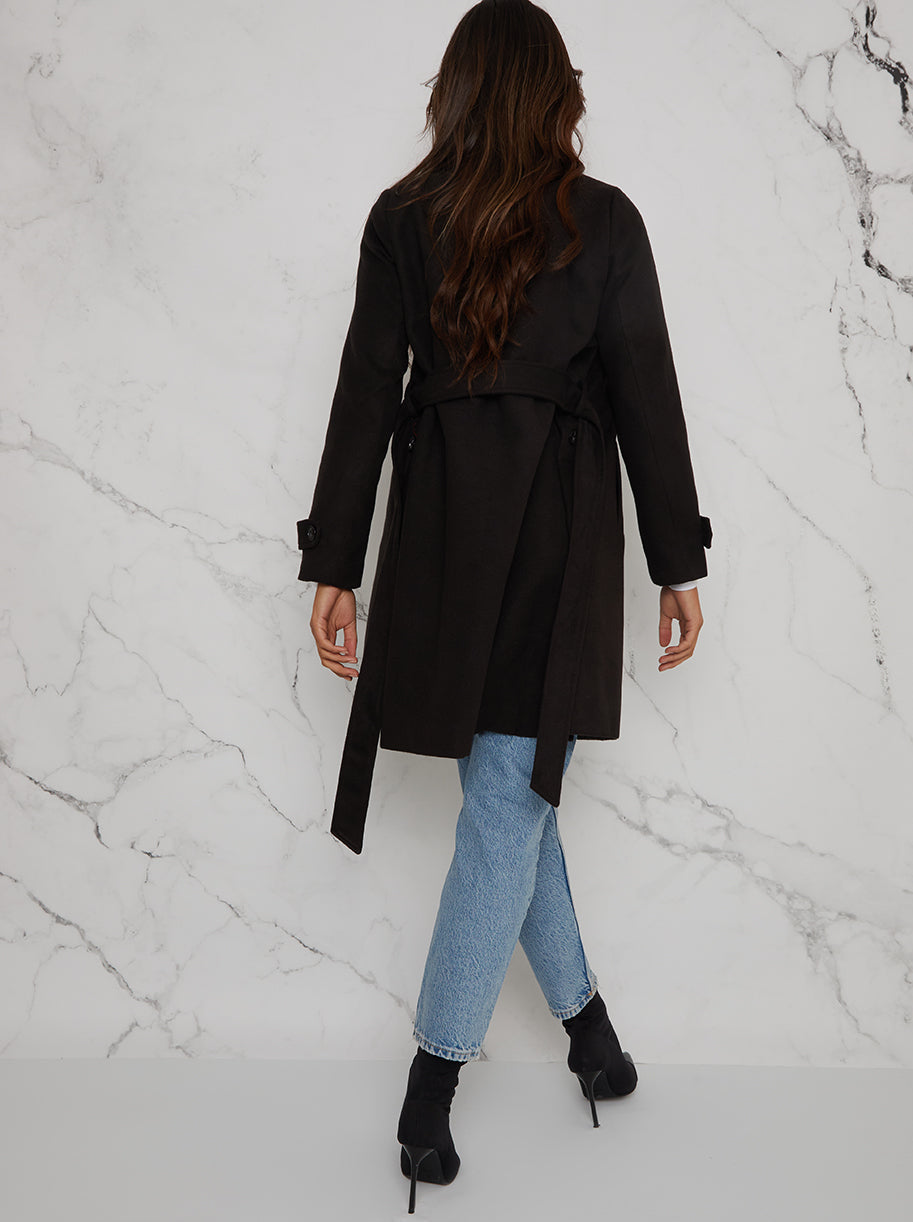 Double Breasted Coat with Waist Tie in Black