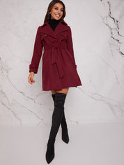 Double Breasted Coat with Waist Tie in Burgundy