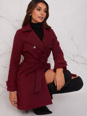 Double Breasted Coat with Waist Tie in Burgundy
