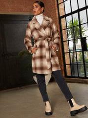 Tie Waist Check Coat in Brown