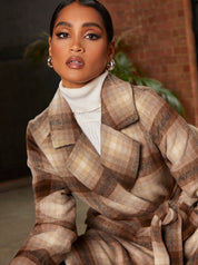Tie Waist Check Coat in Brown