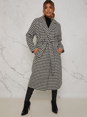 Tie Waist Dogtooth Coat in Monochrome