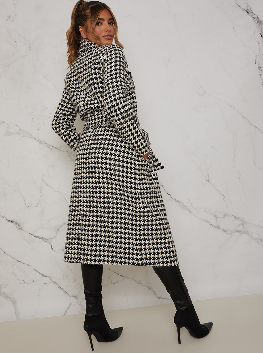Tie Waist Dogtooth Coat in Monochrome