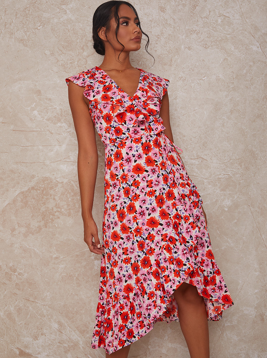 Wrap Floral Midi Dress in Pink