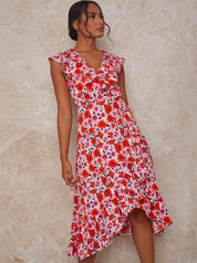 Wrap Floral Midi Dress in Pink