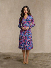 Floral Printed Button Front Satin Midi Dress in Multi