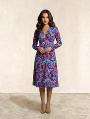 Floral Printed Button Front Satin Midi Dress in Multi
