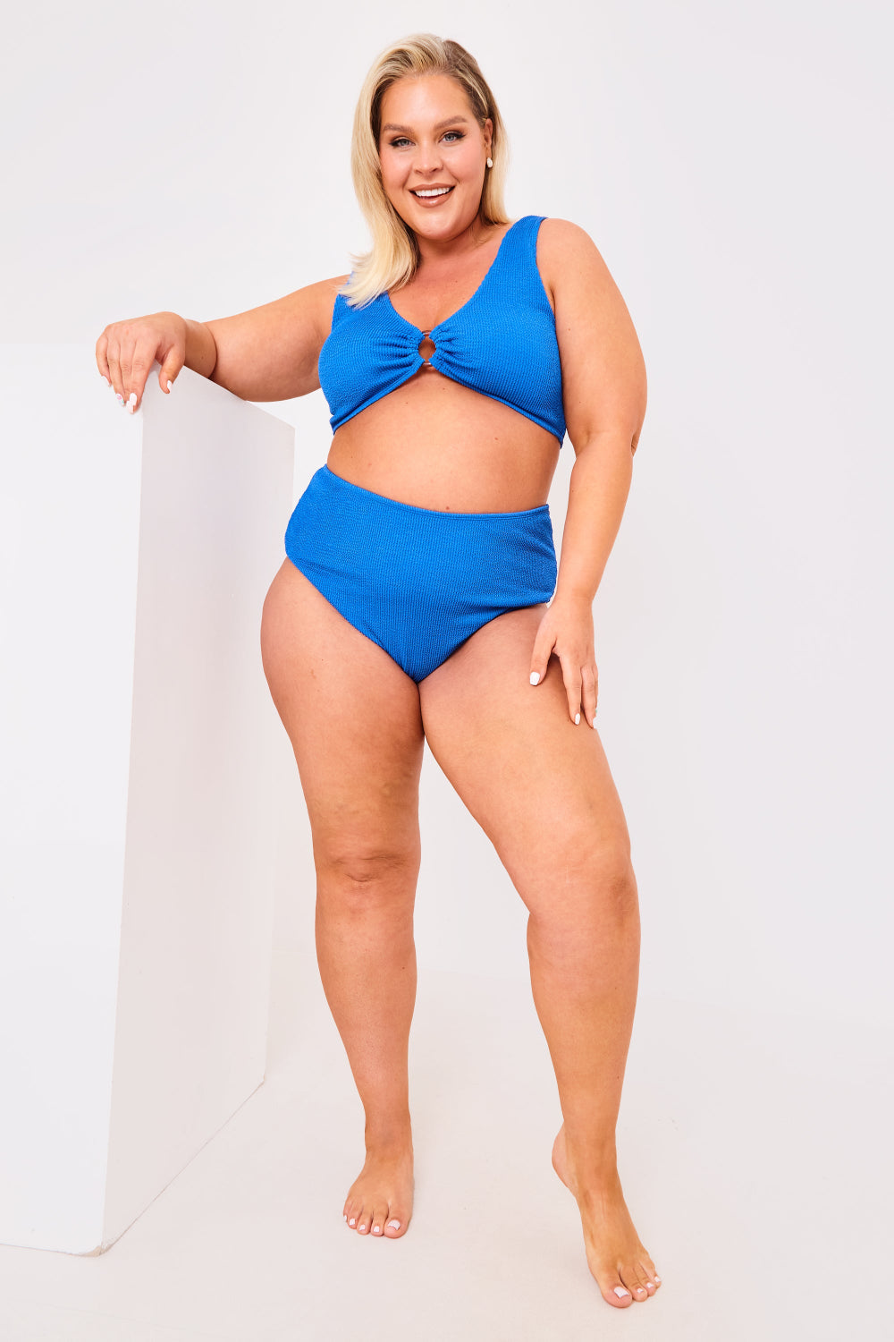 Textured Crinkle Scoop Neck Ring Detail Bikini Top