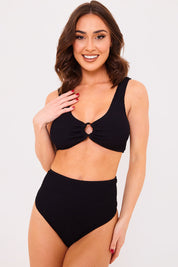 Textured Crinkle Scoop Neck Ring Detail Bikini Top