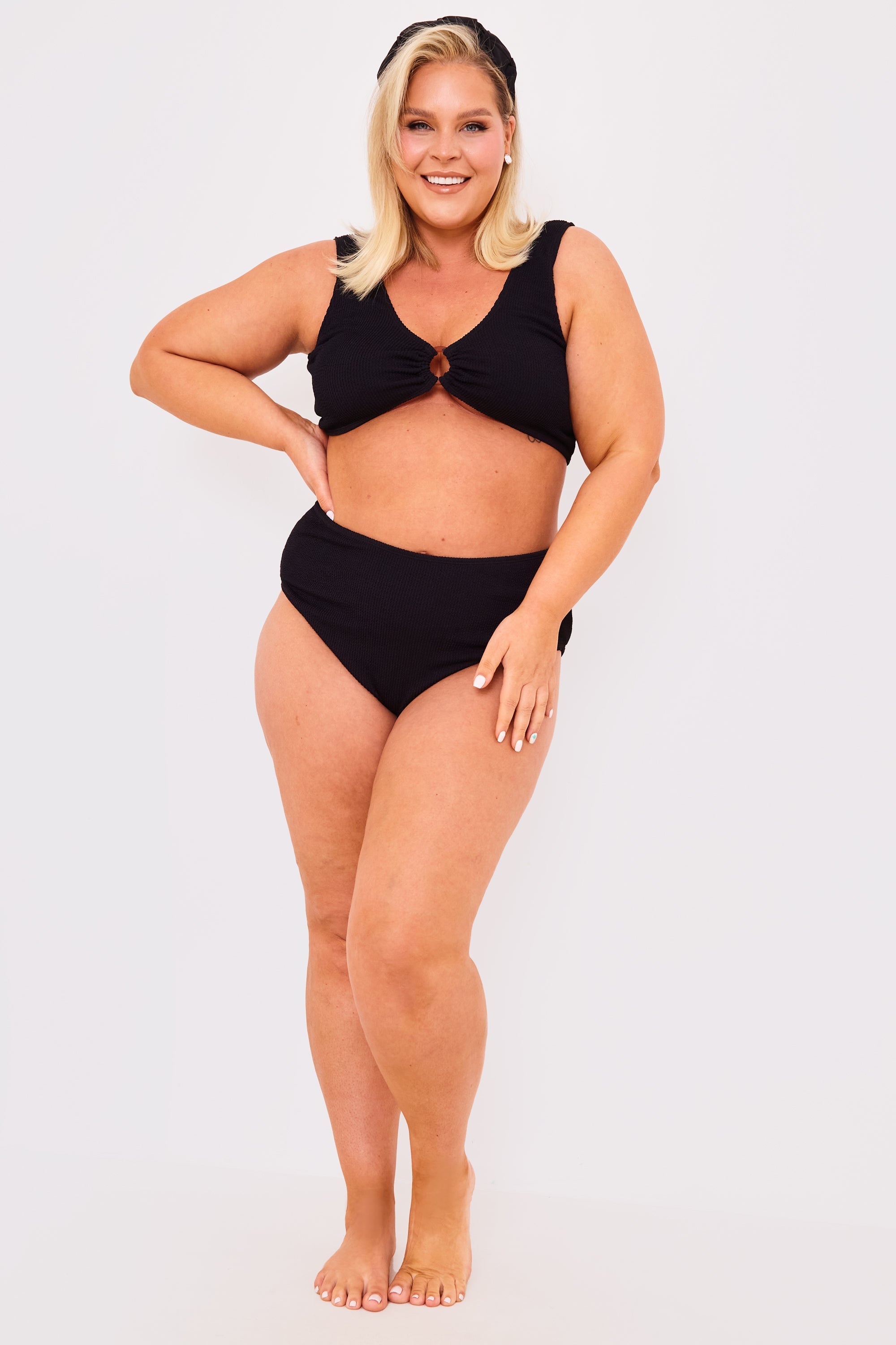 Textured Crinkle Scoop Neck Ring Detail Bikini Top