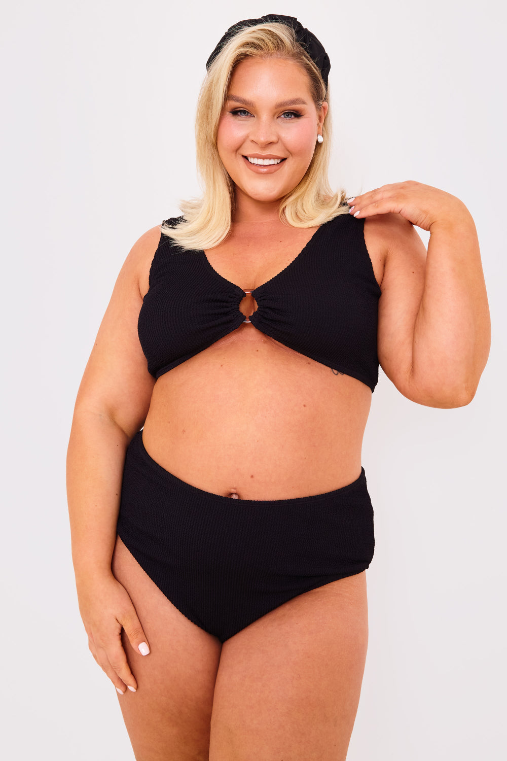 Textured Crinkle Scoop Neck Ring Detail Bikini Top