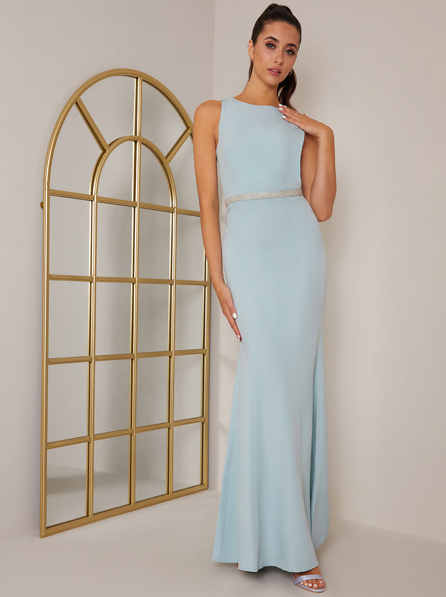 Open Back Diamante Waist Maxi Dress in Blue