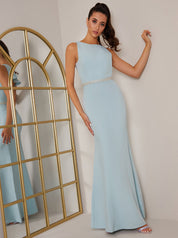 Open Back Diamante Waist Maxi Dress in Blue