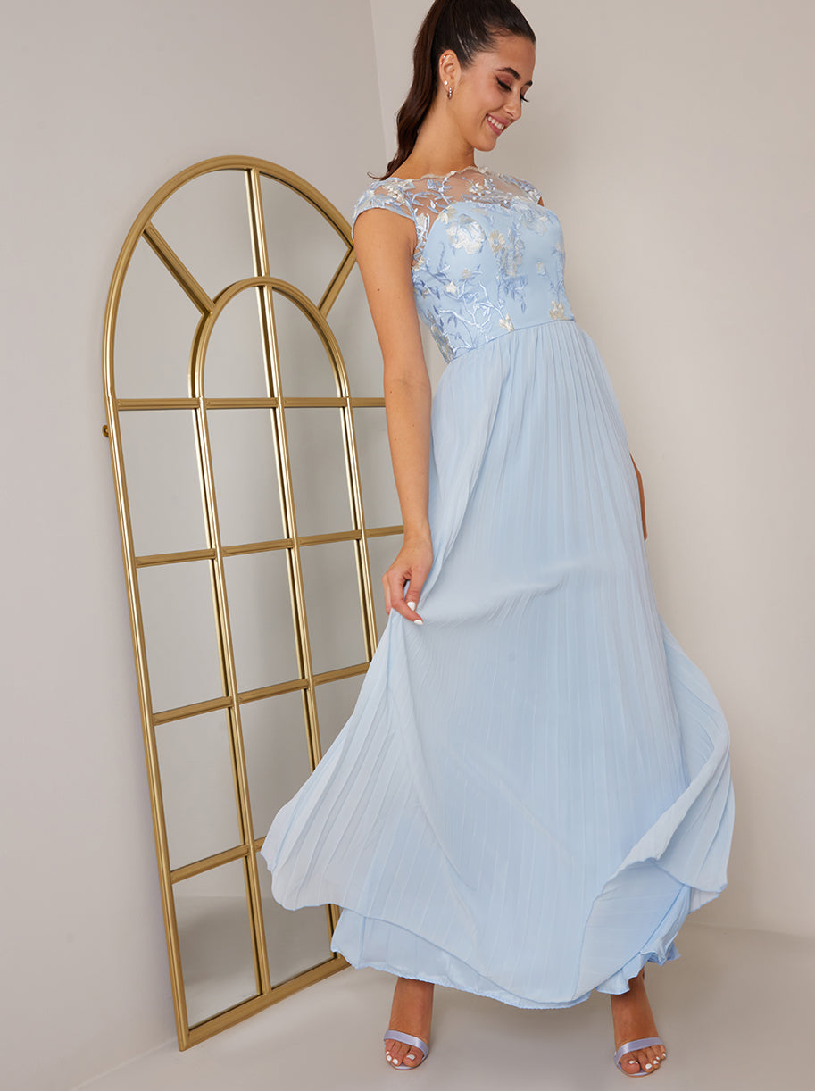 Cap Sleeved Embroidered Bodice Maxi Dress in Blue | Chi Chi London UK