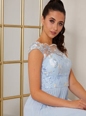 Cap Sleeved Embroidered Bodice Maxi Dress in Blue