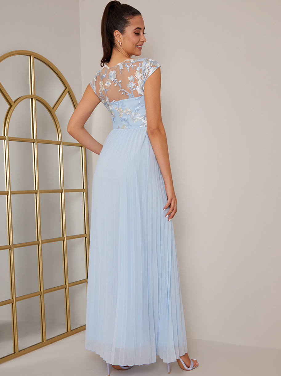 Cap Sleeved Embroidered Bodice Maxi Dress in Blue