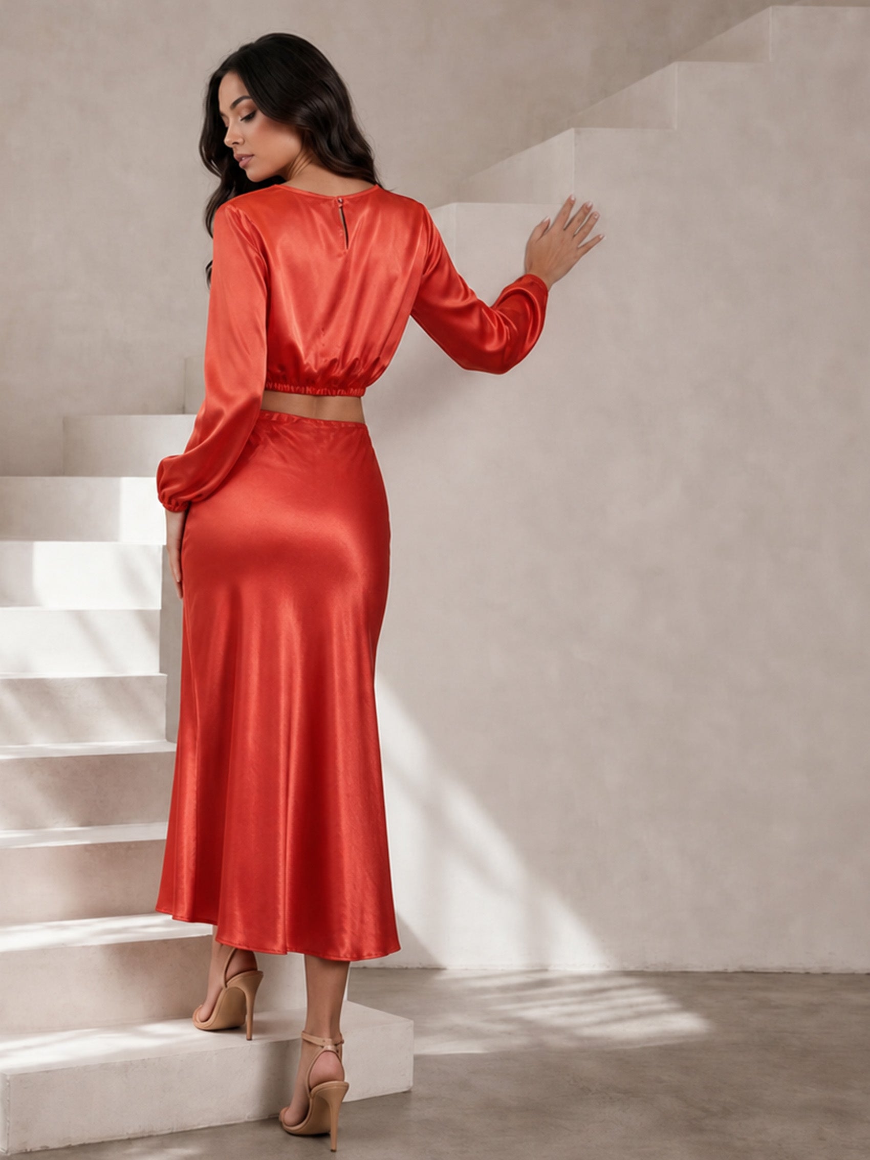 Balloon Sleeve Satin Crop Top in Red