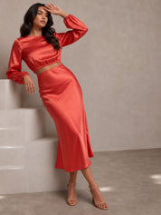 Balloon Sleeve Satin Crop Top in Red