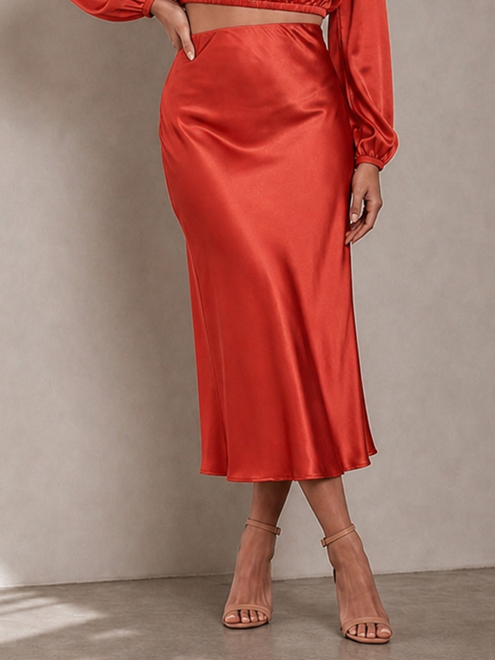 Balloon Sleeve Satin Crop Top in Red