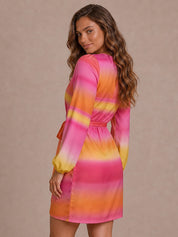Long Sleeve Satin Ombre Wrap Mini Dress in Multi
