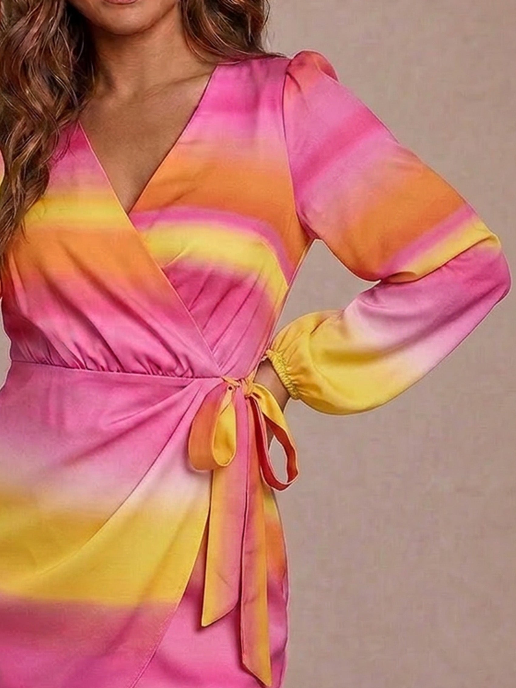 Long Sleeve Satin Ombre Wrap Mini Dress in Multi