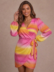 Long Sleeve Satin Ombre Wrap Mini Dress in Multi