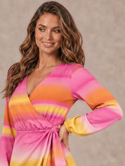 Long Sleeve Satin Ombre Wrap Mini Dress in Multi