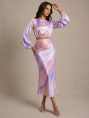 Balloon Sleeve Satin Ombre Crop Top in Multi