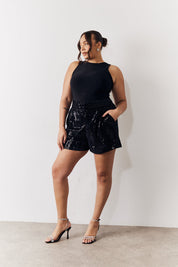 Black Sequin Boxy Shorts