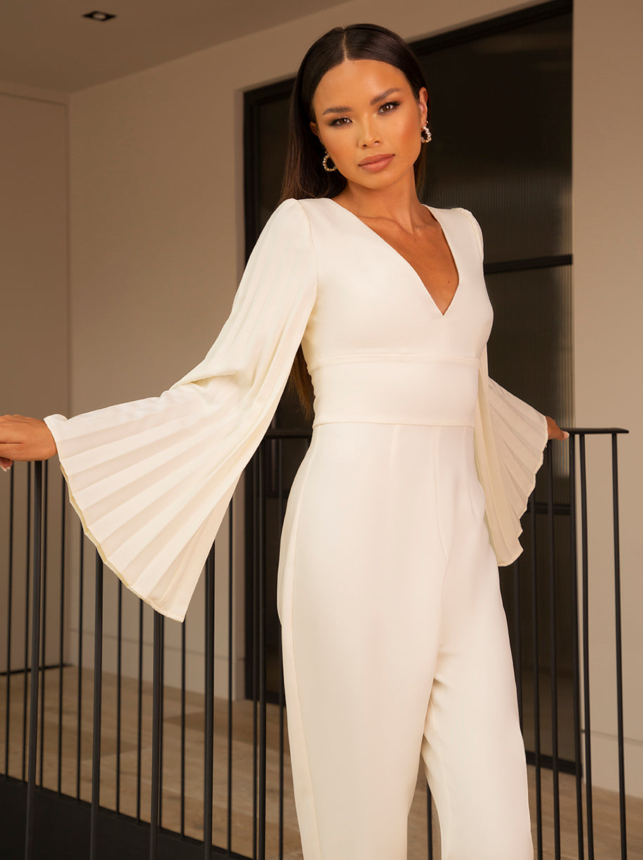 Long Bell Sleeve Pleated Jumpsuit in Cream