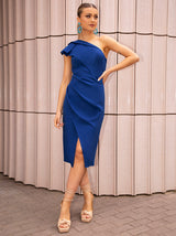 One-Shoulder Wrap Detail Midi Dress in Blue