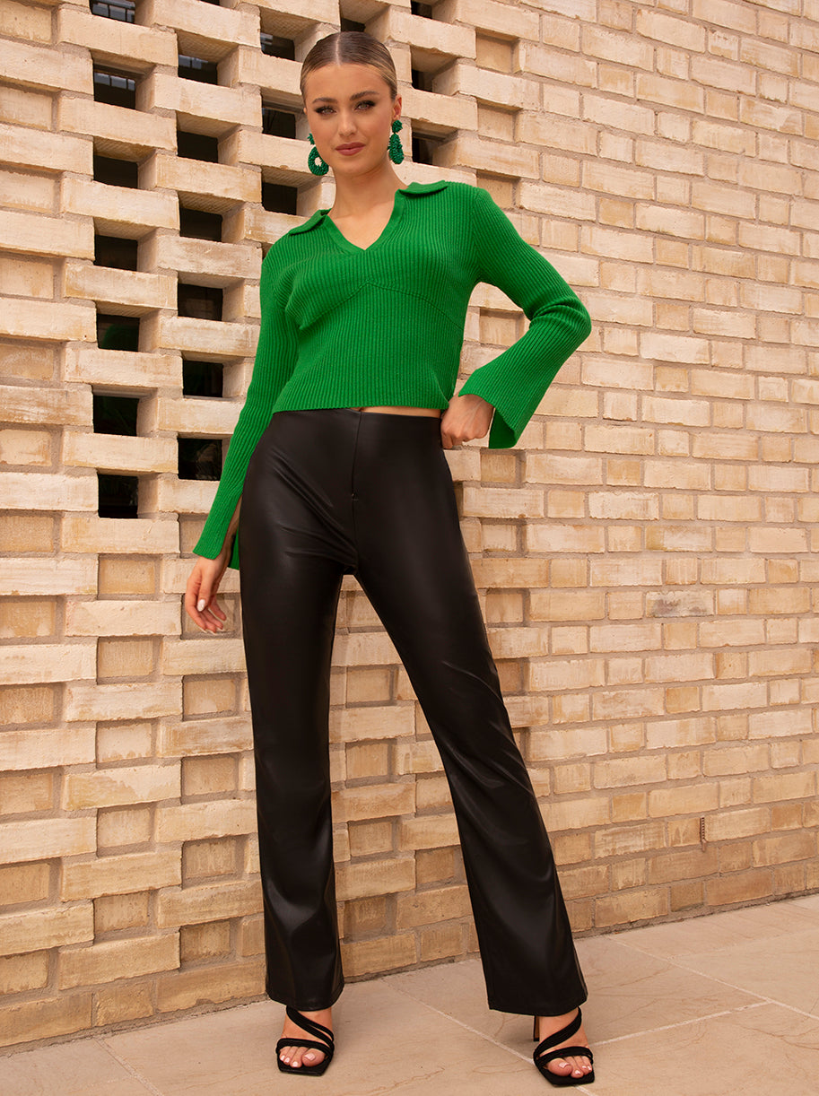 Flute Rib Flute Sleeve Knitted Rib Top in Green | Chi Chi London UK