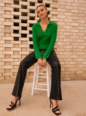 Flute Sleeve Knitted Rib Top in Green